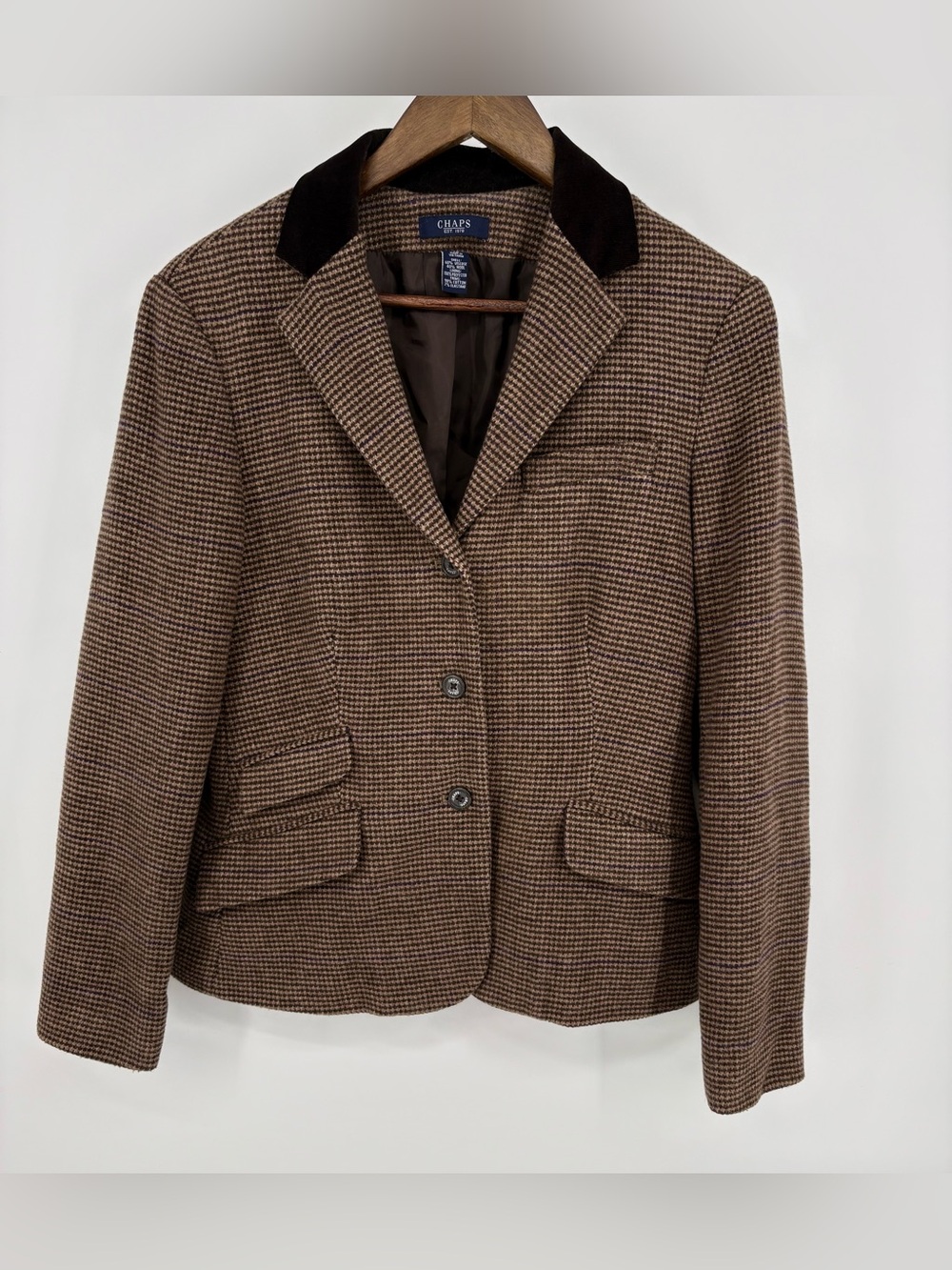Chaps Brown Houndstooth Blazer with Dark Contrast Collar